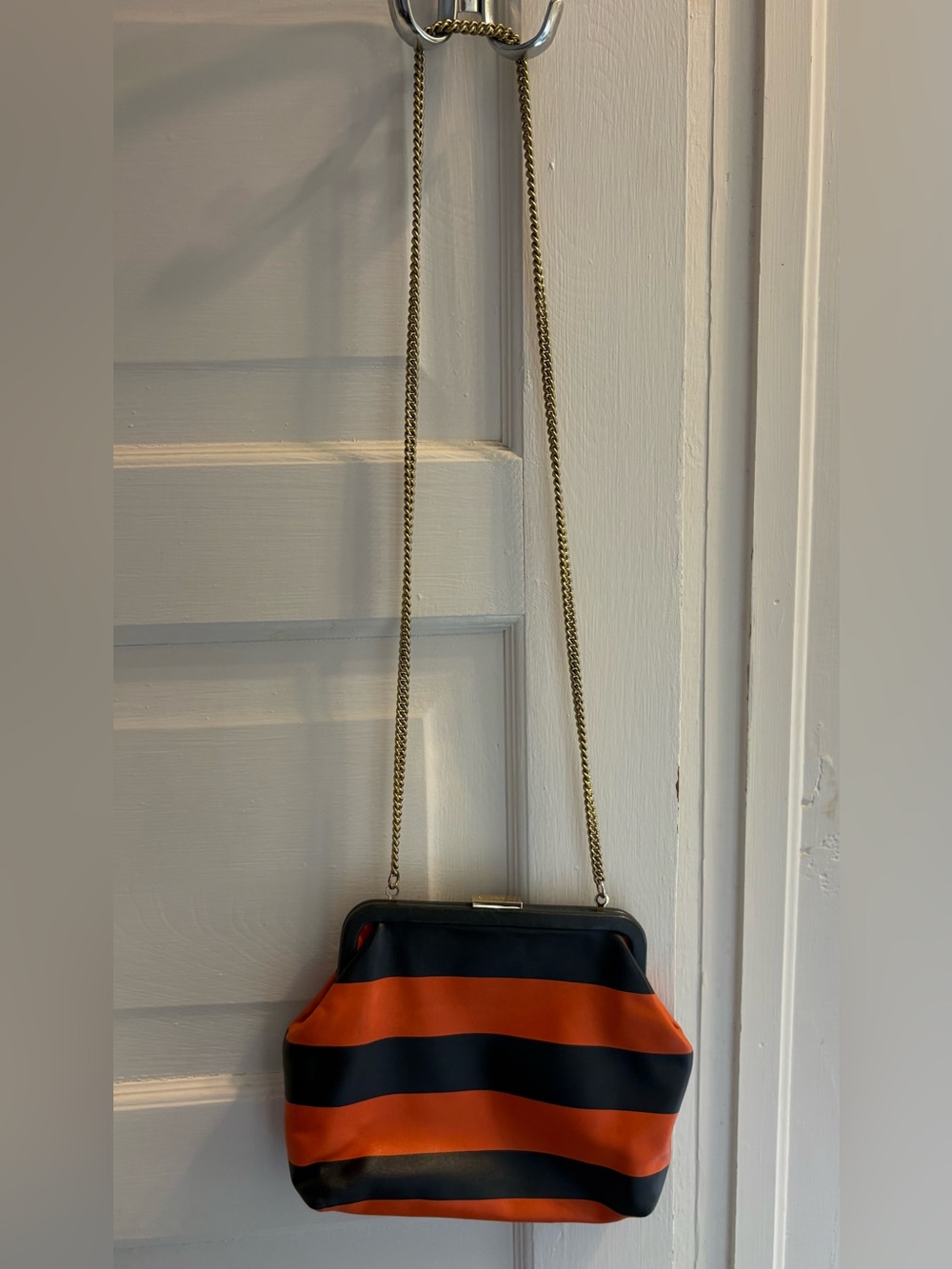 RARE Clare V Flore—Italian Leather in Navy and Orange Stripe - Picture 6 of 10